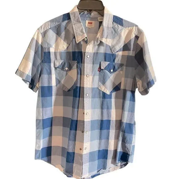 Levi’s Shirt Mens L Blue Checkered Short Sleeve Pearl Snap Western Cowboy Casual - Picture 1 of 11